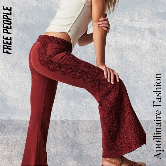 FREE PEOPLE NEPTUNE’S NET CROCHET FLARE PANTS IN WASHED WINE NWT - Picture 9 of 9